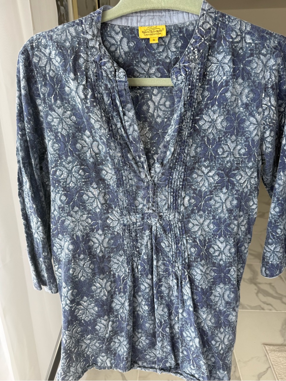 Roberta Roller Rabbit Blue Floral Print Pintuck Blouse Size Small